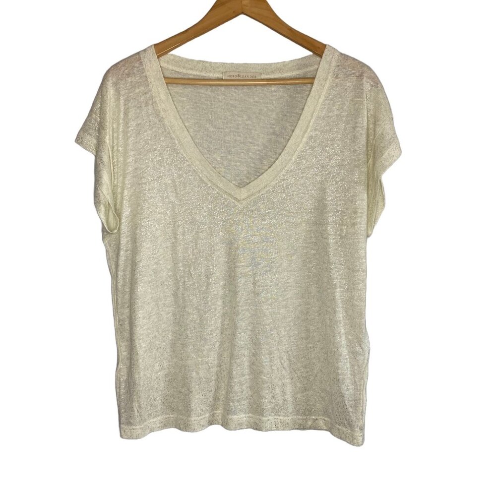 Velvet Hero & Leander Cream Gold Sparkly Linen V Neck Cap Sleeve Tee